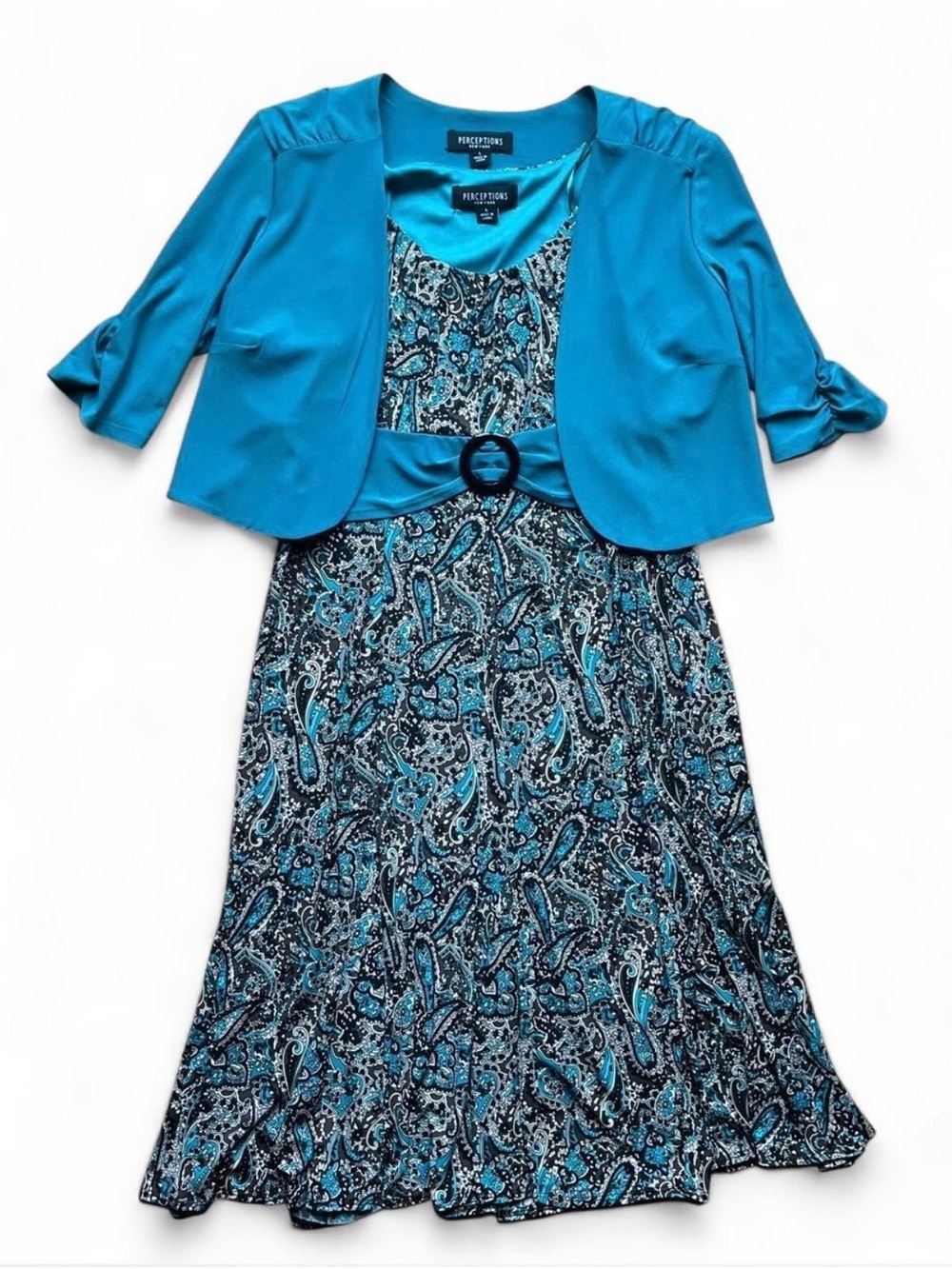 Perceptions Turquoise Paisley A-Line Dress with Bolero Jacket